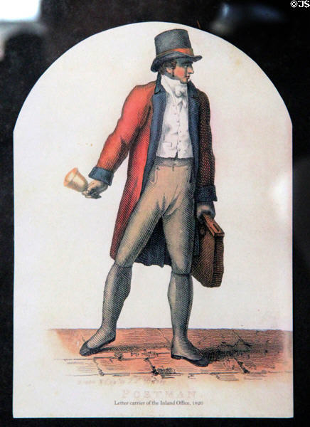 Graphic of Postman of Inland Office 1820 in Mountjoy Post Office at Ulster American Folk Park. Omagh, Northern Ireland.