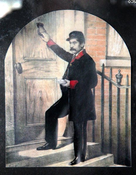 Graphic of Postman of late Victoria era in Mountjoy Post Office at Ulster American Folk Park. Omagh, Northern Ireland.
