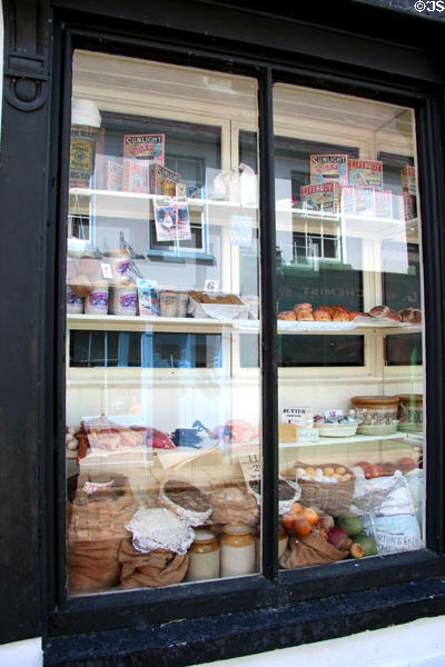Grocery display store window of J Reilly Publican/Grocer at Ulster American Folk Park. Omagh, Northern Ireland.