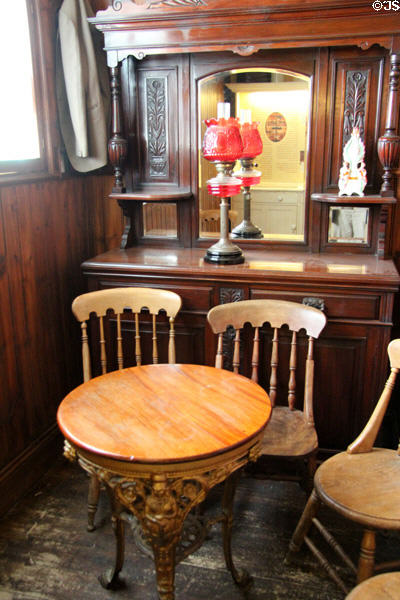Pub interior seating of J Reilly Publican/Grocer at Ulster American Folk Park. Omagh, Northern Ireland.