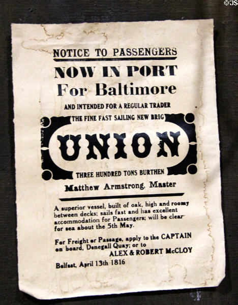 Poster (1816) announcing sailing ship bound to Baltimore from Belfast at Ulster American Folk Park. Omagh, Northern Ireland.