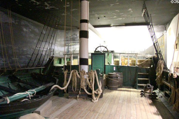 Deck of replica emigration sailing ship at Ulster American Folk Park. Omagh, Northern Ireland.