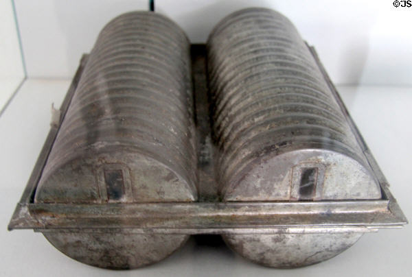 Tin brown bread pan (c1880) from Maryland in E. Pattison Tinsmith shop at Ulster American Folk Park. Omagh, Northern Ireland.