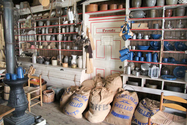 Merchandise shelves in General Store at Ulster American Folk Park. Omagh, Northern Ireland.