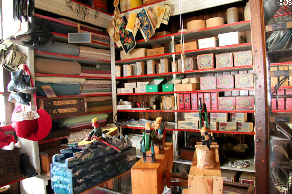 Merchandise boxes & toys in General Store at Ulster American Folk Park. Omagh, Northern Ireland.