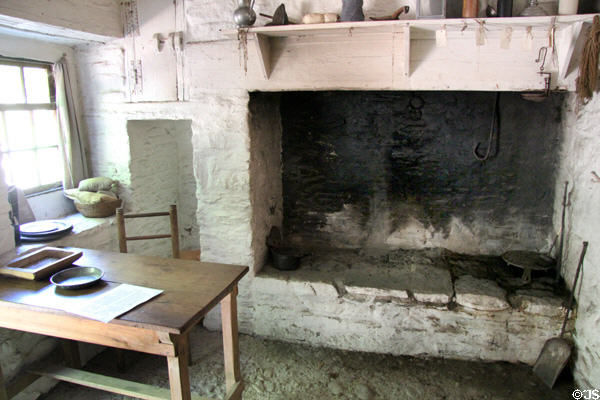 Samuel Fulton Stone House fireplace & interior at Ulster American Folk Park. Omagh, Northern Ireland.
