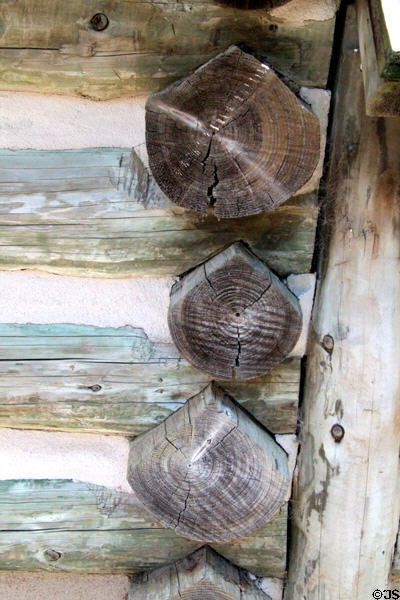 Details of corner log joins on Log Cabin at Ulster American Folk Park. Omagh, Northern Ireland.