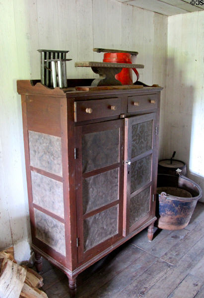 Pie safe in Western Pennsylvania Log House at Ulster American Folk Park. Omagh, Northern Ireland.