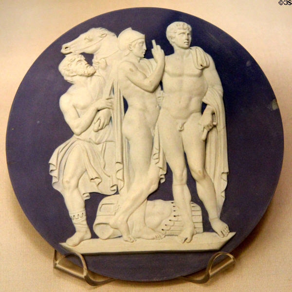 Wedgwood blue jasper plaque showing Three Warriors & Horse based on Roman sarcophagus (1785-90) prob modeled by Camillo Pacetti at British Museum. London, United Kingdom.