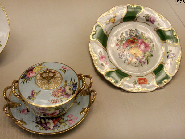 Porcelain plate & covered bowl (c1820) made in Derby, England at British Museum. London, United Kingdom.