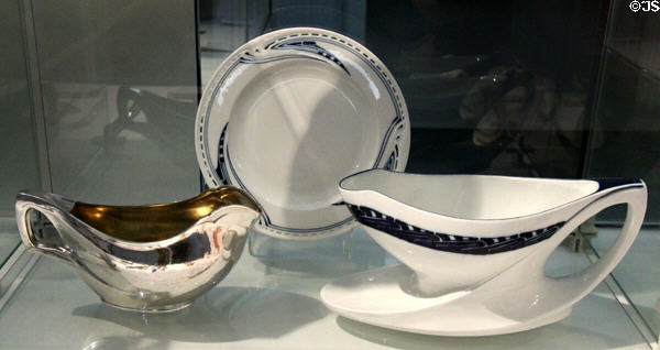 Silver sauce boat plus Meissen porcelain plate & gravy boat (1902-4) all designed by Henry van de Velde at British Museum. London, United Kingdom.