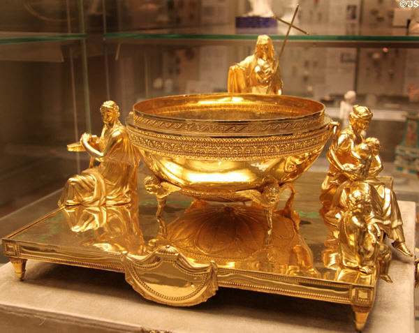 Gold Duke of Portland Font with symbols of Faith, Hope & Charity (1797) by Paul Storr of London at British Museum. London, United Kingdom.