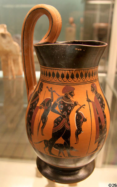 Greek terracotta black figure olpe with return of hunter & his dog (c550-530 BCE) attrib. to Amasis painter made in Athens found in Rhodes at British Museum. London, United Kingdom.