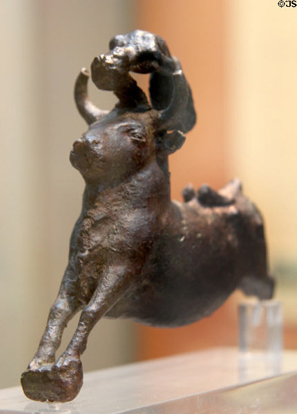 Minoan bronze bull with acrobat performing on its horn (1550-1450 BCE) found on south west, Crete at British Museum. London, United Kingdom.