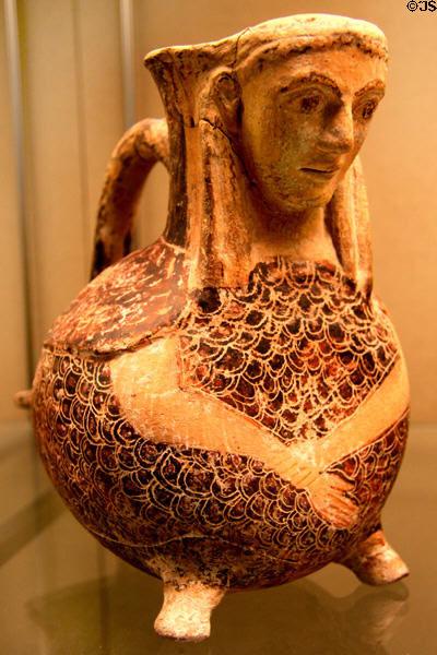 Terracotta flask in form of siren with feather (c600 BCE) perhaps made in Crete from Kythera at British Museum. London, United Kingdom.