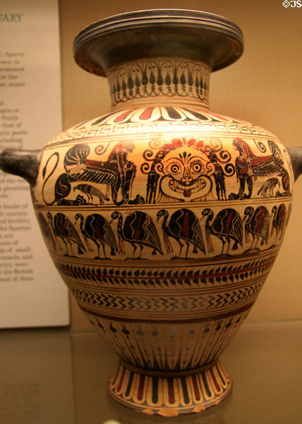 Greek terracotta hydria water jar with gorgon's head, sphinxes & cranes (540-530 BCE) made in Sparta from Vulci in Etruria at British Museum. London, United Kingdom.