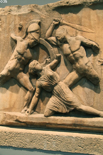 Detail of Amazon Frieze from Mausoleum at Halikarnassos (350 BCE) Bodrum, Turkey at British Museum. London, United Kingdom.