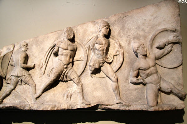 Frieze of shield carrying foot soldiers on pediment of Nereid Monument (390 BCE-380 BCE) at British Museum. London, United Kingdom.