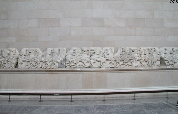 Panathenaic festival horsemen procession north frieze overview from Athens Parthenon (447-438 BCE) by Pheidias at British Museum. London, United Kingdom.