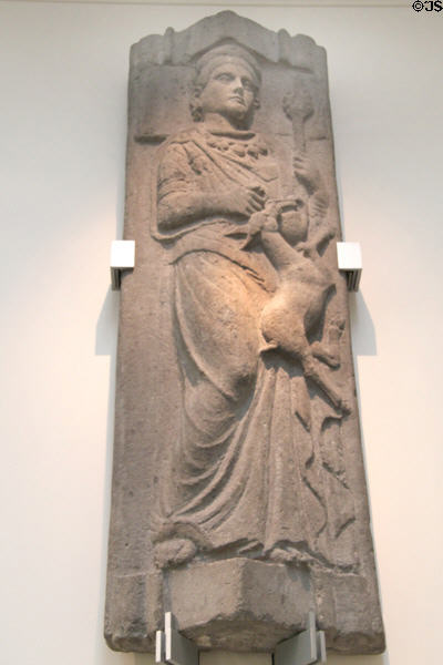 Etruscan stone sarcophagus lid with relief figure of woman (c250 BCE) from Tarquinia at British Museum. London, United Kingdom.