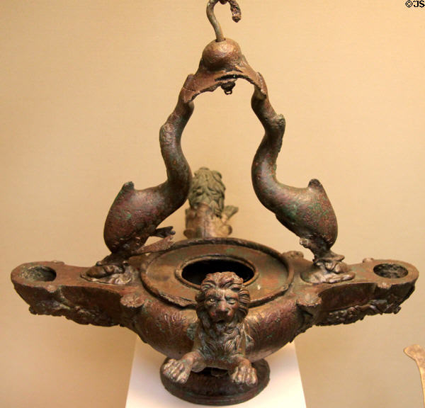 Roman bronze hanging lamp with lions & dolphins (1stC CE) from Paris at British Museum. London, United Kingdom.