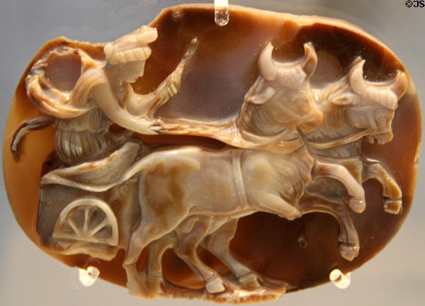 Roman sardonyx cameo perhaps of moon goddess Luna crossing night sky on chariot pulled by bulls (c193-217 CE) at British Museum. London, United Kingdom.