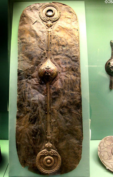 Celtic culture sheet bronze shield facing ornamented with raised motifs (400-300 BCE) found in Witham river near Lincoln at British Museum. London, United Kingdom.