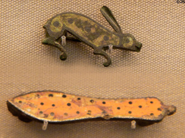 Roman era hare brooch & sandal-ole brooch (2nd-3rdC CE) found in England at British Museum. London, United Kingdom.