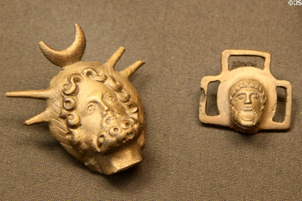 Roman era headdress ornament probably of Roman gods (2nd-3rdC CE) found in Felmingham Hoard at British Museum. London, United Kingdom.