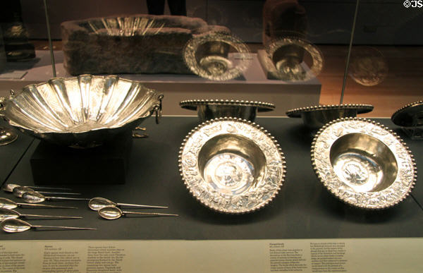 Buried hoard of Roman silver tableware (4thC CE) found in Mildenhall, England by farmer plowing a field in 1942 at British Museum. London, United Kingdom.