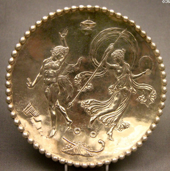 Roman silver platter with Bacchic scene (4thC CE) part of Mildenhall Treasure at British Museum. London, United Kingdom.