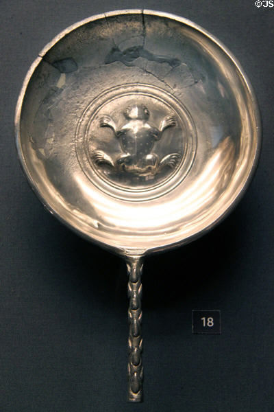 Late Roman silver patera (shallow bowl) decorated with frog (c400 CE) from Carthage Treasure at British Museum. London, United Kingdom.