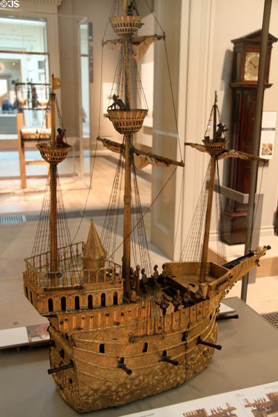 Clockwork automaton in form of medieval galleon which would travel across dining table then fire all its cannons (c1585) by Hans Schlottheim of Augsburg, Germany at British Museum. London, United Kingdom.
