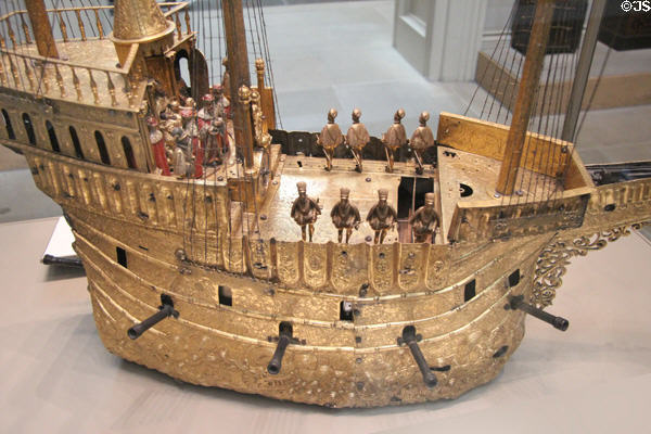 Detail of firing cannons on clockwork automaton of medieval galleon (c1585) by Hans Schlottheim of Augsburg, Germany at British Museum. London, United Kingdom.