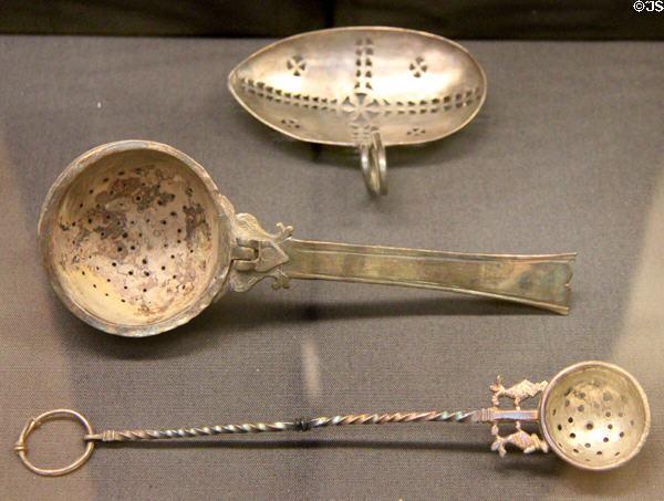 Roman era silver strainers from three English sites at British Museum. London, United Kingdom.