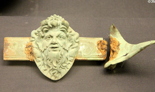 Sculpted bronze face of Roman god Oceanus perhaps on furniture fitting (2nd-4thC CE) found at Old Basing, Hampshire at British Museum. London, United Kingdom.