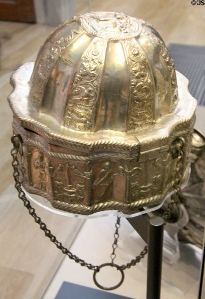 Late Roman silver Muse casket cosmetic box (c330-370 CE) part of Esquiline Treasure at British Museum. London, United Kingdom.