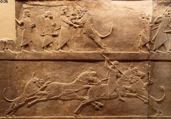 Assyrian carved panel shows lion hunt on horseback (c645-635 BCE) from North Palace of Nineveh at British Museum. London, United Kingdom.