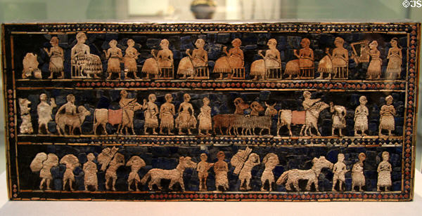 Box decorated with mosaics (c2500 BCE) from Sumerian city of Ur at British Museum. London, United Kingdom.