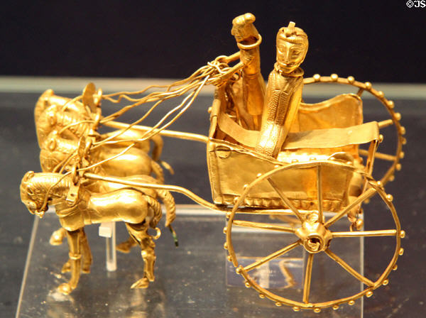 Gold Achaemenid culture chariot model pulled by four horse (5thC-4thC BCE) found in Oxus River Treasure, Tajikistan at British Museum. London, United Kingdom.