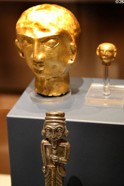 Gold votive heads (5thC-4thC BCE) found in Oxus River Treasure, Tajikistan at British Museum. London, United Kingdom.