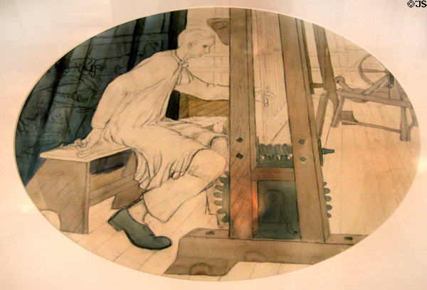 Tapestry weaver at Merton Abbey watercolor (1930s) by Morris & Co at Morris Gallery. London, United Kingdom.