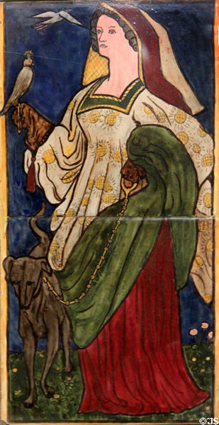 May (falconry) monthly labor series ceramic tile (1862) by William Morris, Philip Webb, Lucy Faulkner et al made by Morris, Marshall, Faulkner & Co at Morris Gallery. London, United Kingdom.
