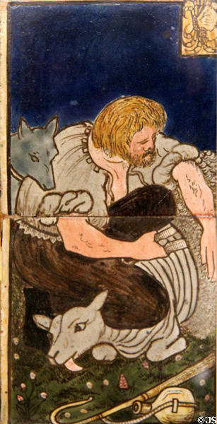 June (sheep shearer) monthly labor series ceramic tile (1862) by William Morris, Philip Webb, Lucy Faulkner et al made by Morris, Marshall, Faulkner & Co at Morris Gallery. London, United Kingdom.