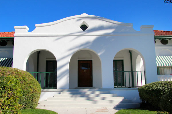 Mission Revival arcade entrance of Corbett House at Tucson Museum of Art. Tucson, AZ.