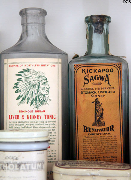 Antique tonic bottles in Corbett House at Tucson Museum of Art. Tucson, AZ.