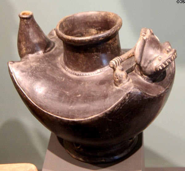Tairona culture earthenware effigy urn with bat god motif (900-1200 CE) from Colombia at Tucson Museum of Art. Tucson, AZ.