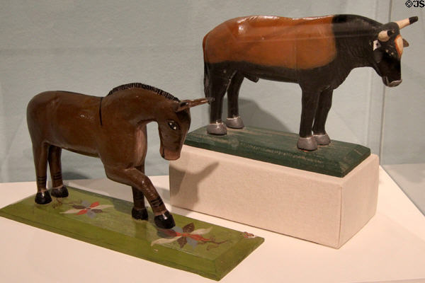 Painted wood Nativity scene donkey & bull from Honduras (c1950) at Tucson Museum of Art. Tucson, AZ.