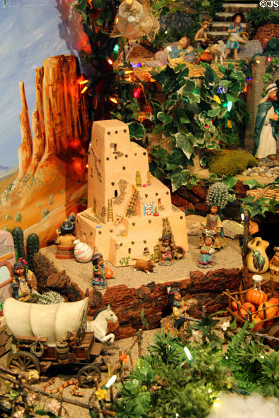 Adobe house & western detail of El Nacimiento at Tucson Museum of Art. Tucson, AZ.