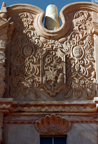 Adobe Plateresque front of San Xavier del Bac Mission Church. Tucson, AZ.